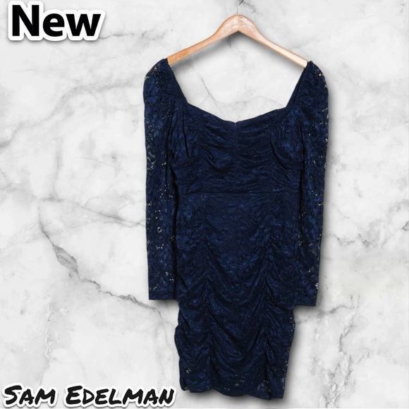 New Sam Edelman Ruched Long Sleeve Lace Minidress - Picture 3 of 4